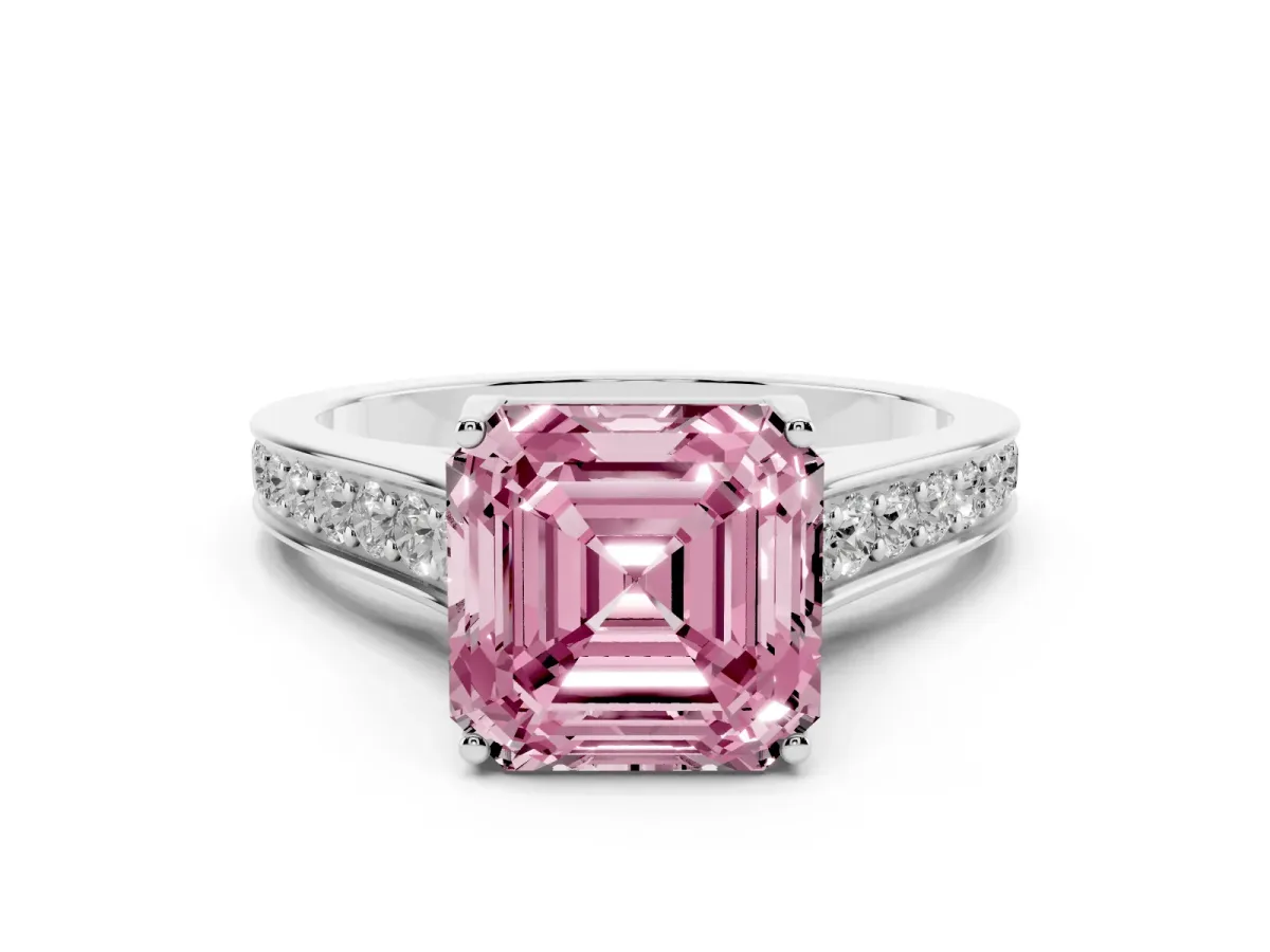 Fancy Pink Asscher Cut Brilliant Cut Diamond Engagement Ring with Pavé Band and Four-Prong Setting Silver