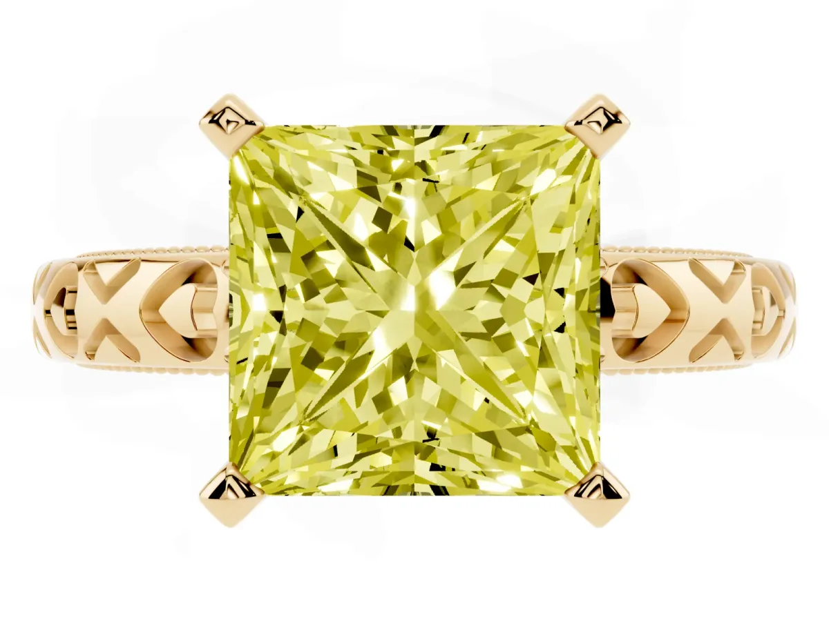 Fancy Yellow Princess Cut Solitaire Diamond Engagement Ring with XO Engraved Band and Four-Prong Setting Yellow gold