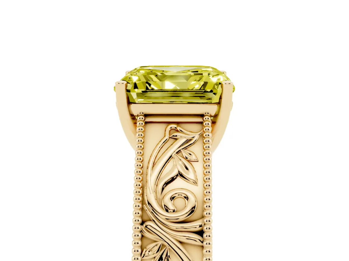 Fancy Yellow Asscher Cut Diamond Solitaire Ring with Engraved Band and Four-Prong Setting Yellow gold