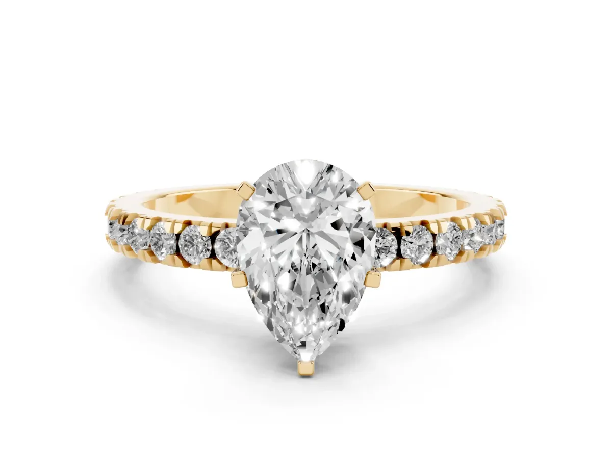Pear Cut Diamond Pavé Band Solitaire with Four-Prong Setting Yellow gold