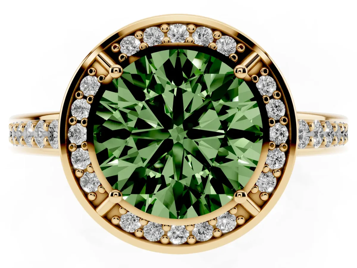 Fancy Green Round Cut Cut Halo Pave Split Shank Prong Setting Ring Yellow gold