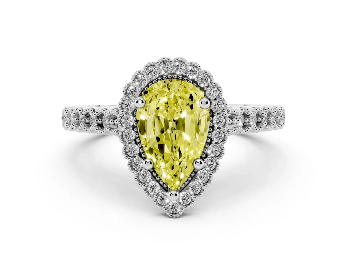 Fancy Yellow Pear Cut Cut Halo Pavé Solitaire Ring with Milgrain Band White gold