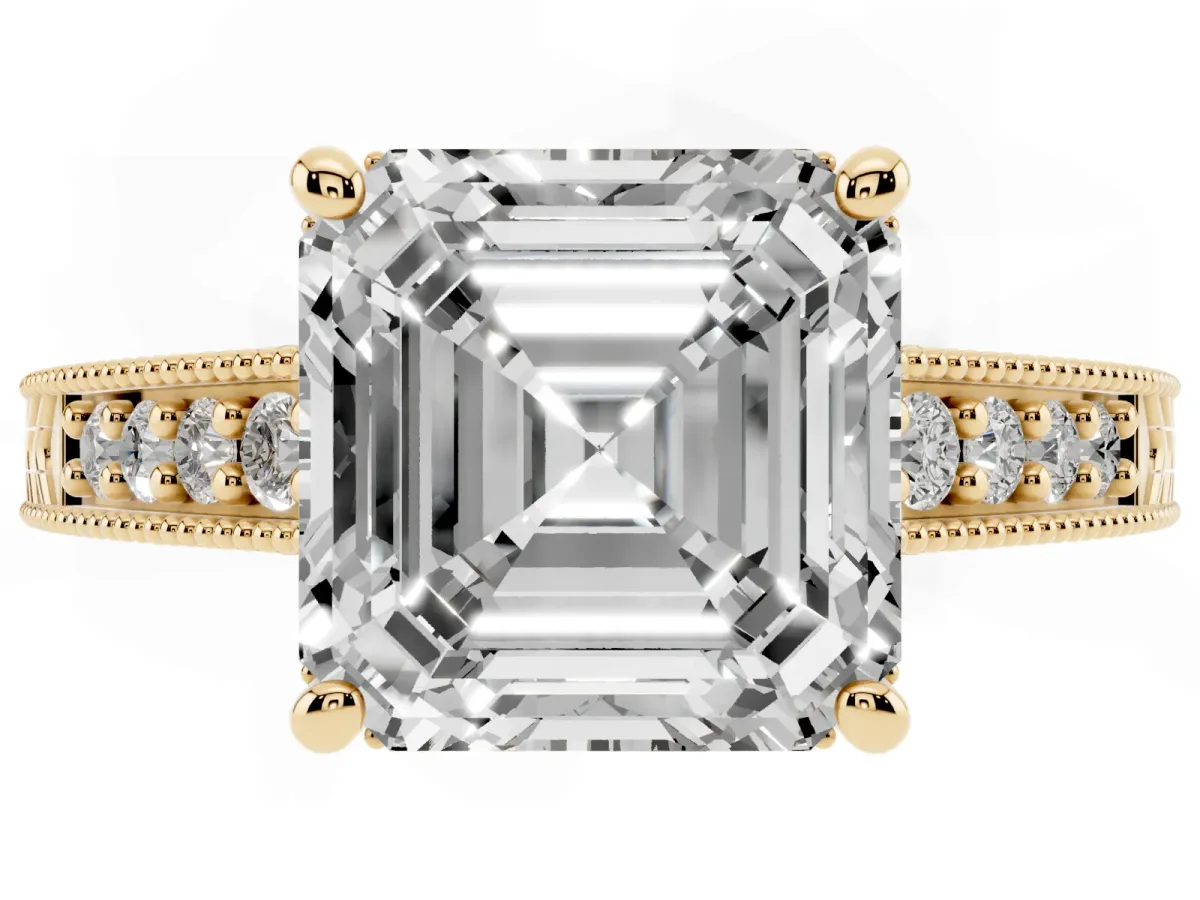 Asscher Cut Solitaire Pavé Diamond Milgrain Engagement Ring with Four-Prong Setting Yellow gold