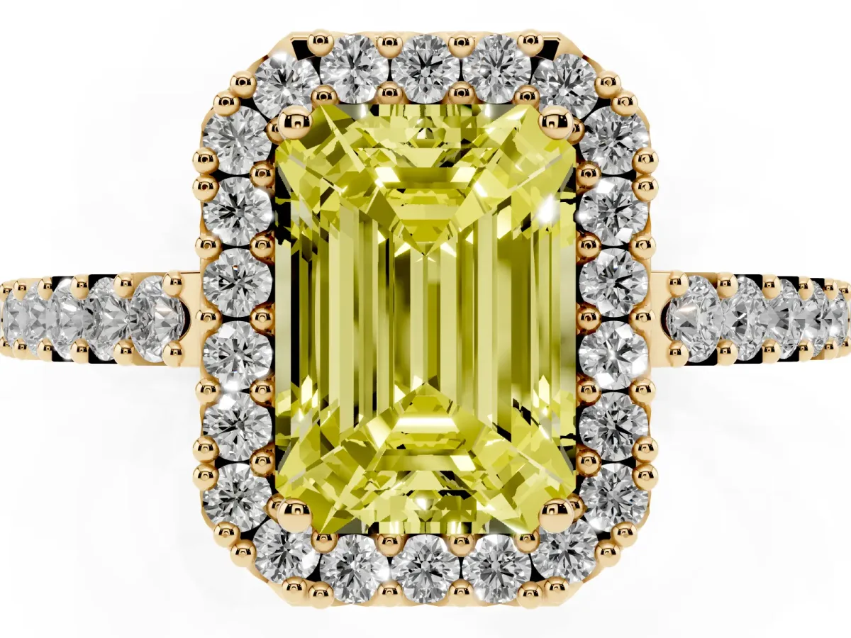 Fancy Yellow Emerald Cut Halo Diamond Pavé Solitaire Ring Yellow gold