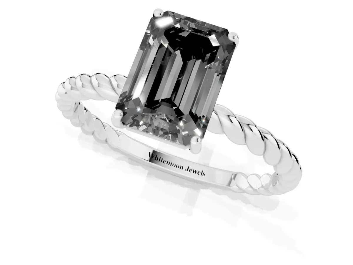 Fancy Black Emerald Cut Solitaire Twisted Band 4-Prong Ring Silver