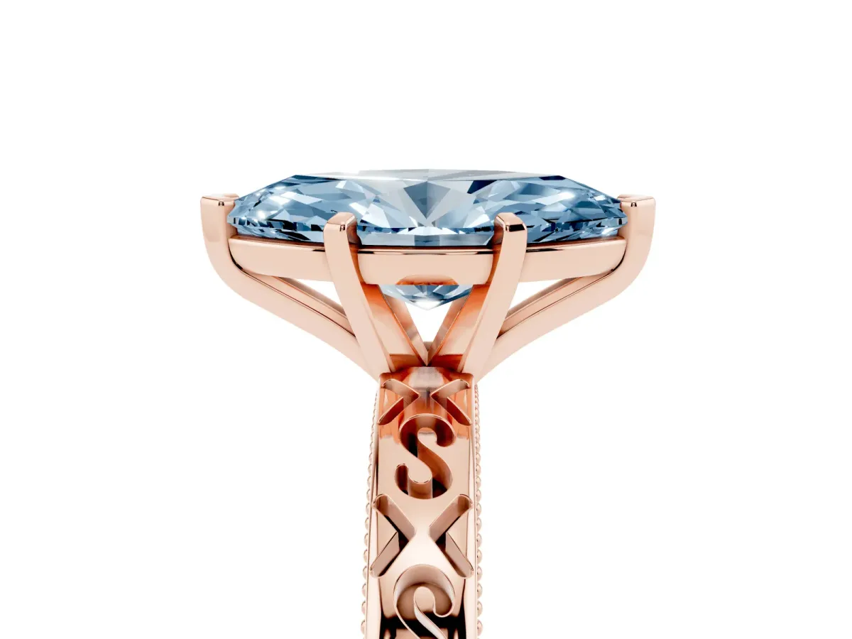 Fancy Blue Marquise Cut Solitaire Engagement Ring with Scrollwork Band and Four-Prong Setting Rose gold