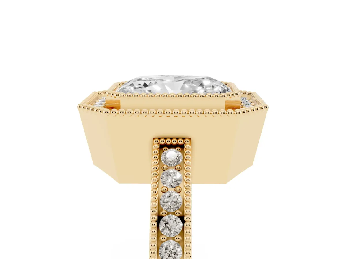 Radiant Cut Cut Halo Diamond Ring with Pavé Band and Milgrain Prong Setting Yellow gold