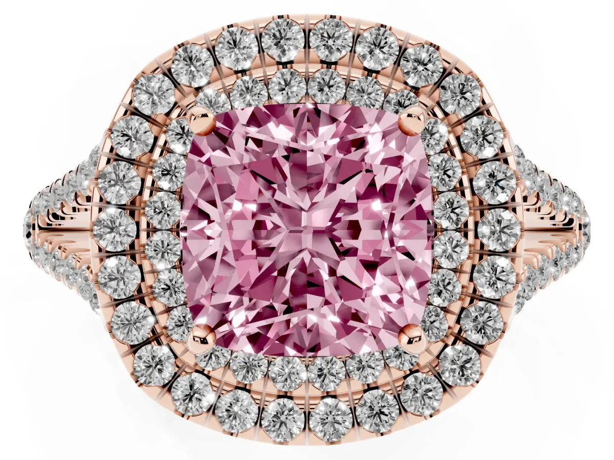 Fancy Pink Cushion Cut Diamond Double Halo Ring with Pavé Band and Prong Setting Rose gold