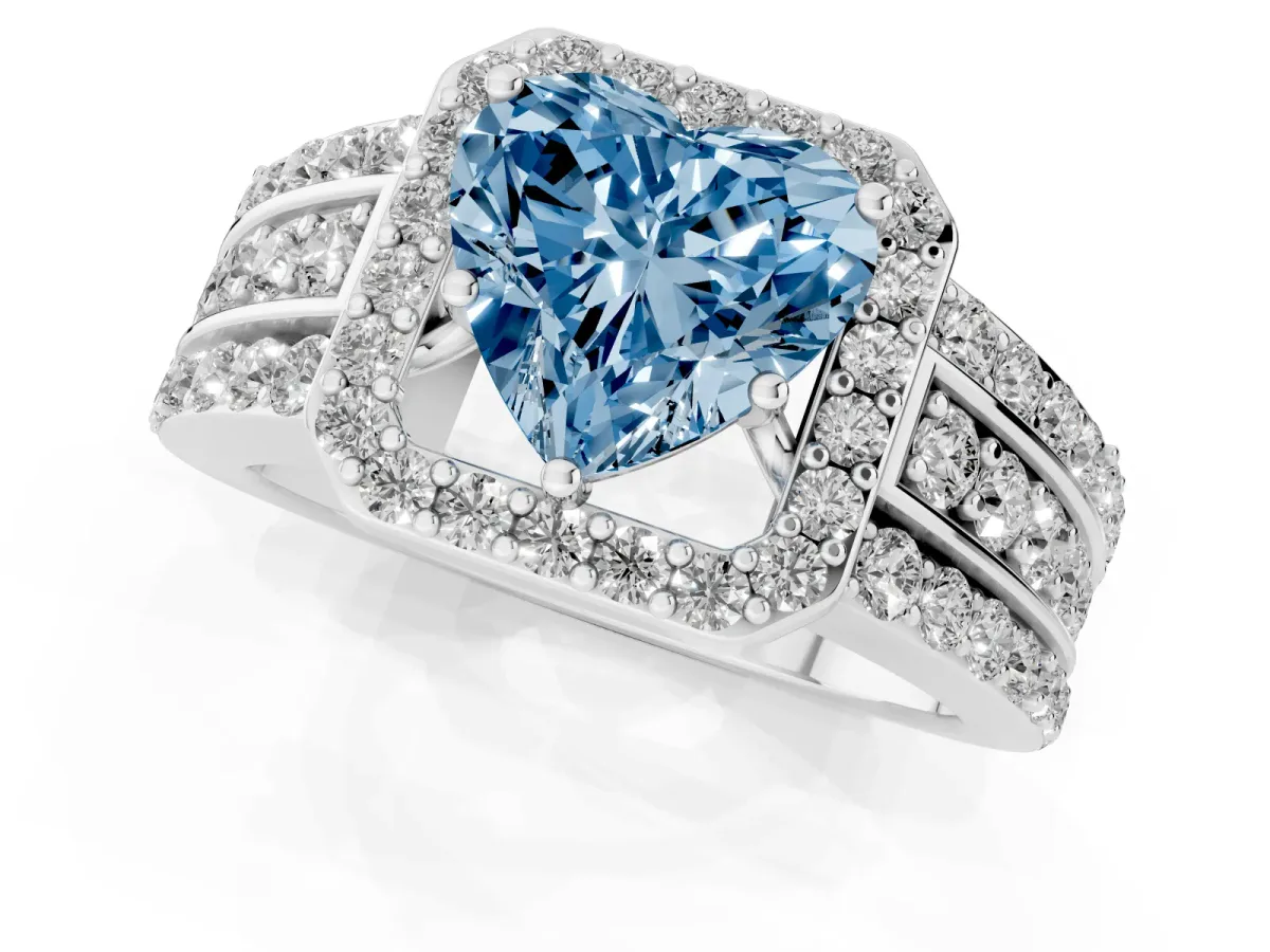 Fancy Blue Heart Cut Halo Diamond Ring with Round Split Shank and Prong Setting Silver