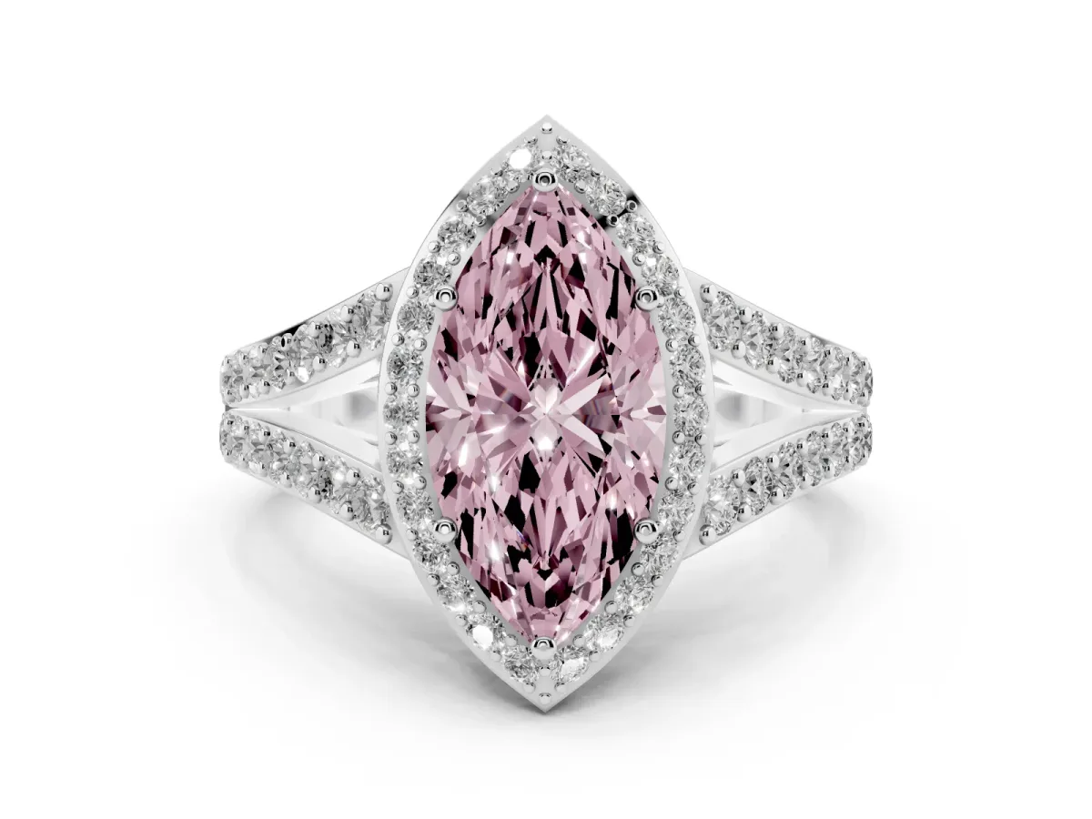 Fancy Pink Marquise Cut Diamond Split Shank Halo Ring with Four-Prong Setting Platinum