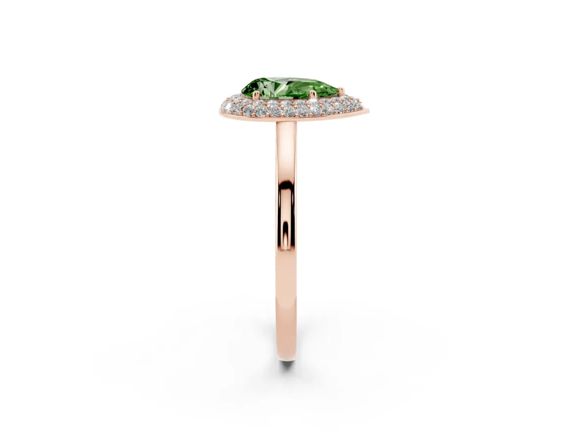 Fancy Green Pear Cut Halo Diamond Engagement Ring with Solitaire Band and Four-Prong Setting Rose gold