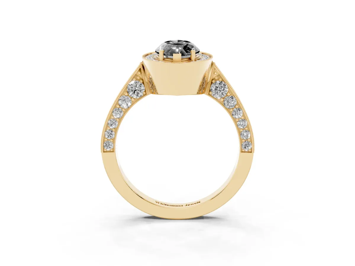 Fancy Black Marquise Cut Halo Diamond Engagement Ring with Split Shank Band and Four-Prong Setting Yellow gold