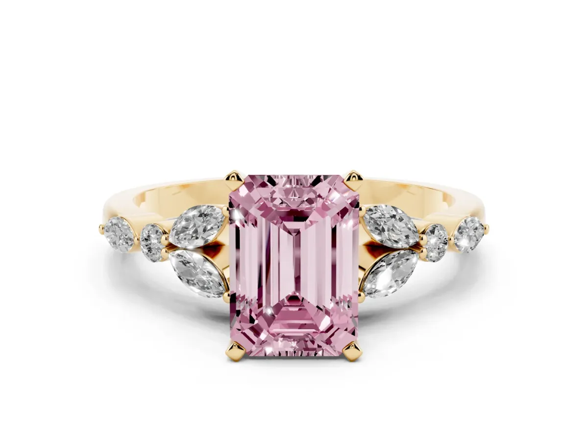 Fancy Pink Emerald Cut Diamond Solitaire Ring with Side Stones and Four-Prong Setting Yellow gold