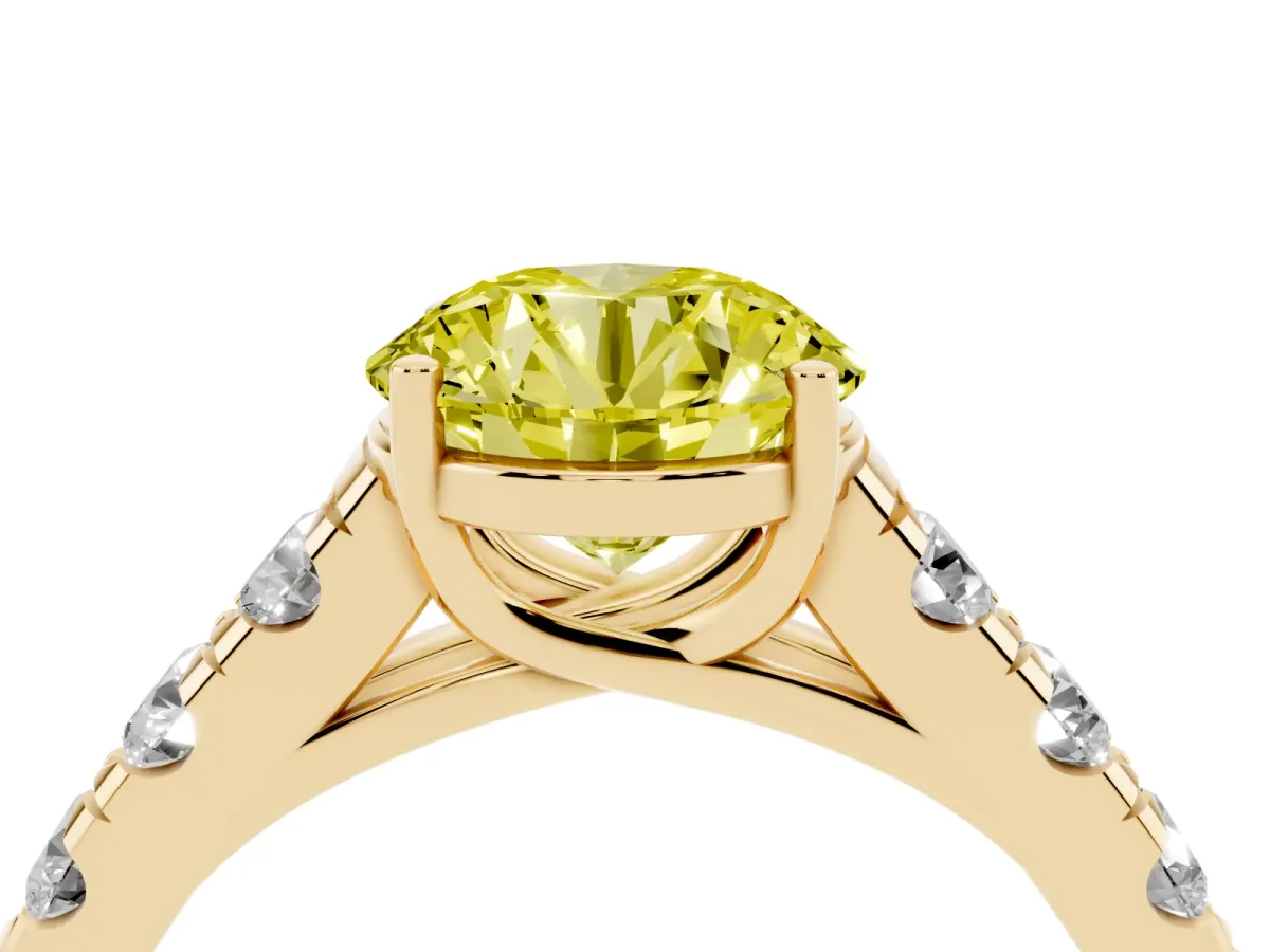 Fancy Yellow Round Cut Cut Diamond Solitaire Ring with Micro Pave Band and Prong Setting Yellow gold