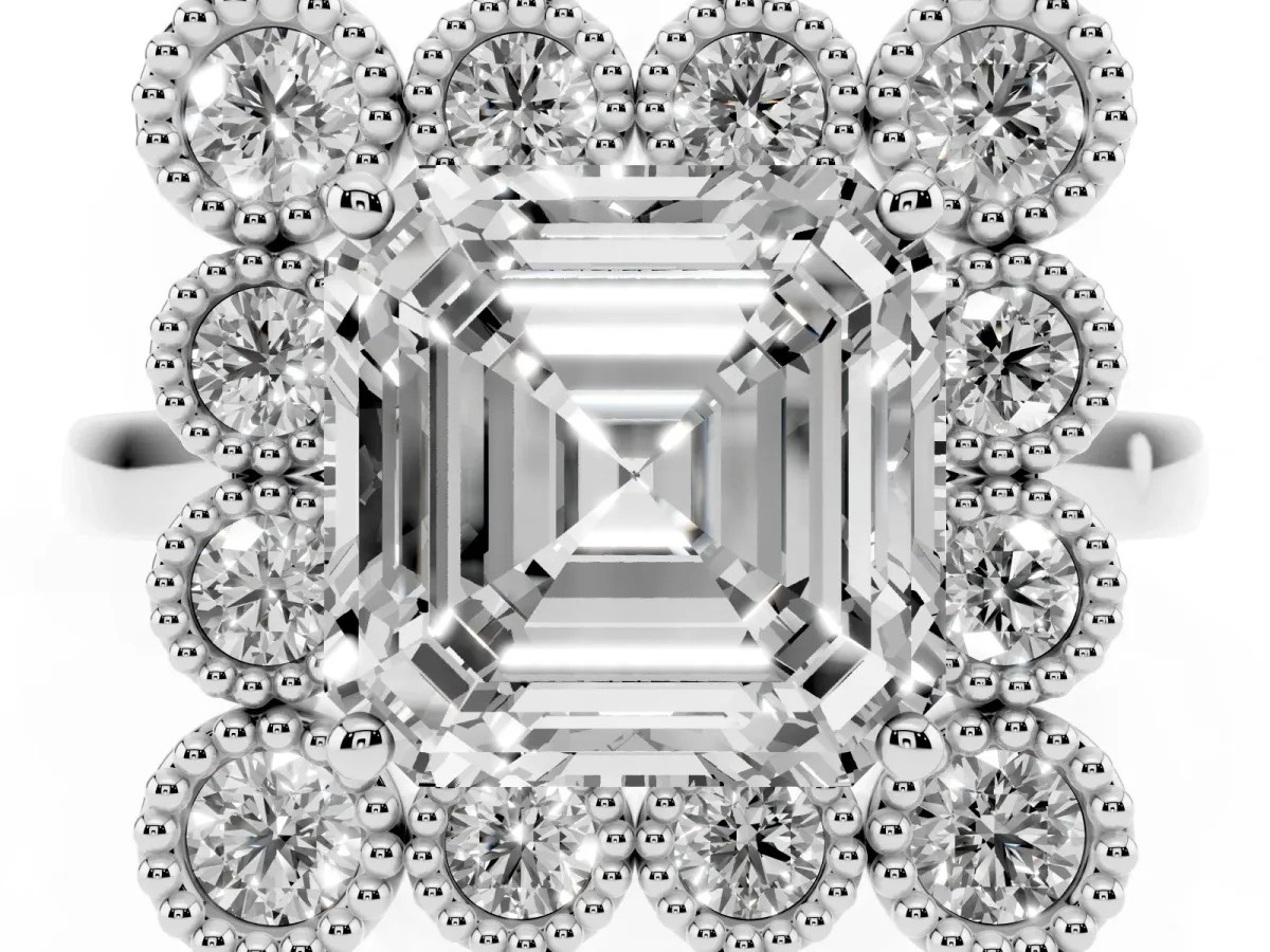 Asscher Cut Halo Diamond Cluster Engagement Ring with Milgrain Bezel Setting and Solitaire Band Platinum