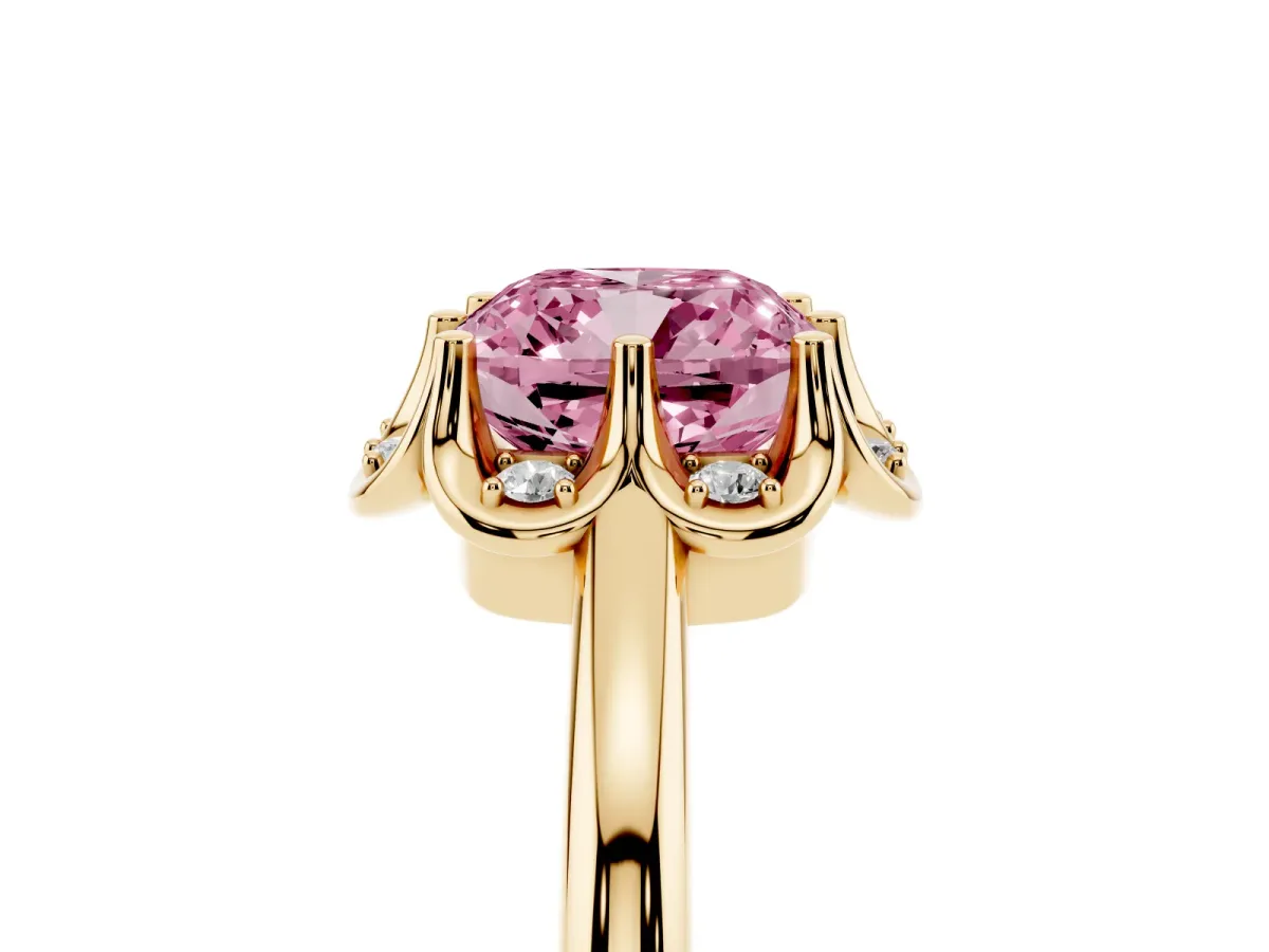 Fancy Pink Cushion Cut Halo Diamond Ring with Round Cluster Setting, Solitaire Band, and Four-Prong Setting Yellow gold