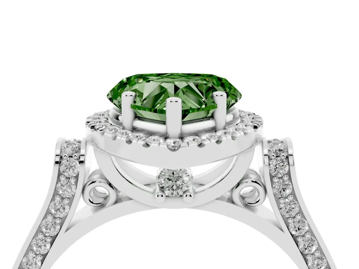 Fancy Green Heart Cut Halo Round Diamond Twist Band with Four-Prong Setting Silver