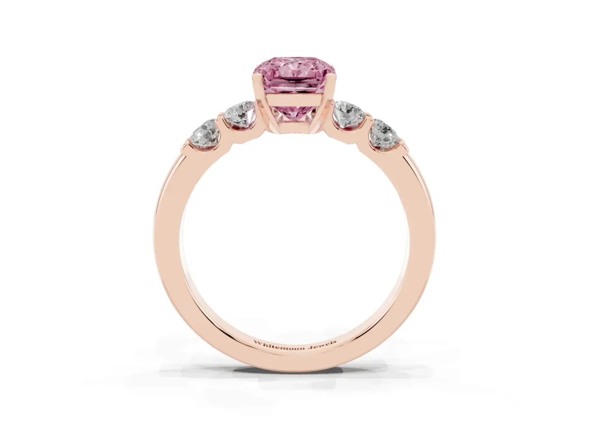 Fancy Pink Radiant Cut Brilliant Cut Diamond Five-Stone Prong Set Engagement Ring with Channel Band Rose gold