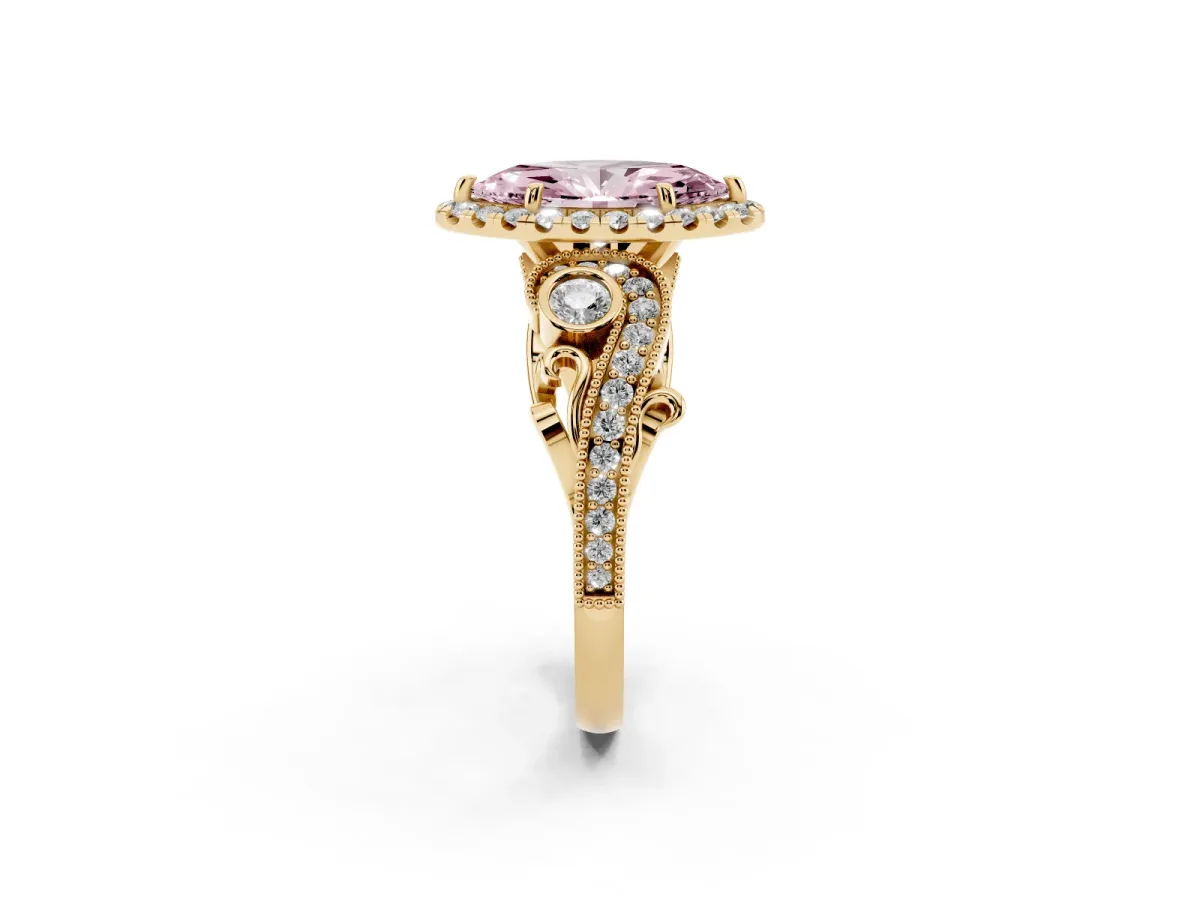 Fancy Pink Marquise Cut Diamond Halo Ring with Milgrain Pavé Band and Four-Prong Setting Yellow gold