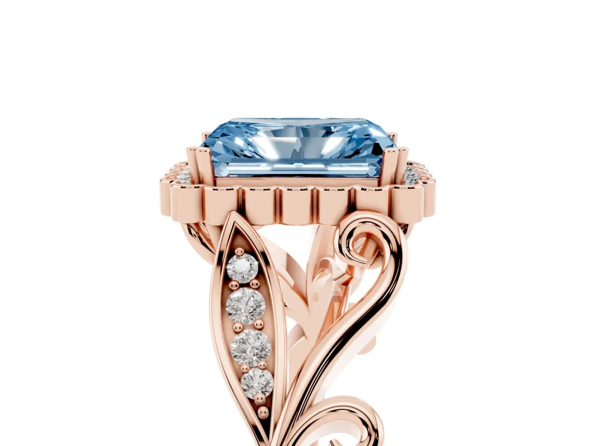 Fancy Blue Radiant Cut Diamond Halo Ring with Vintage Split Shank and Four-Prong Setting Rose gold