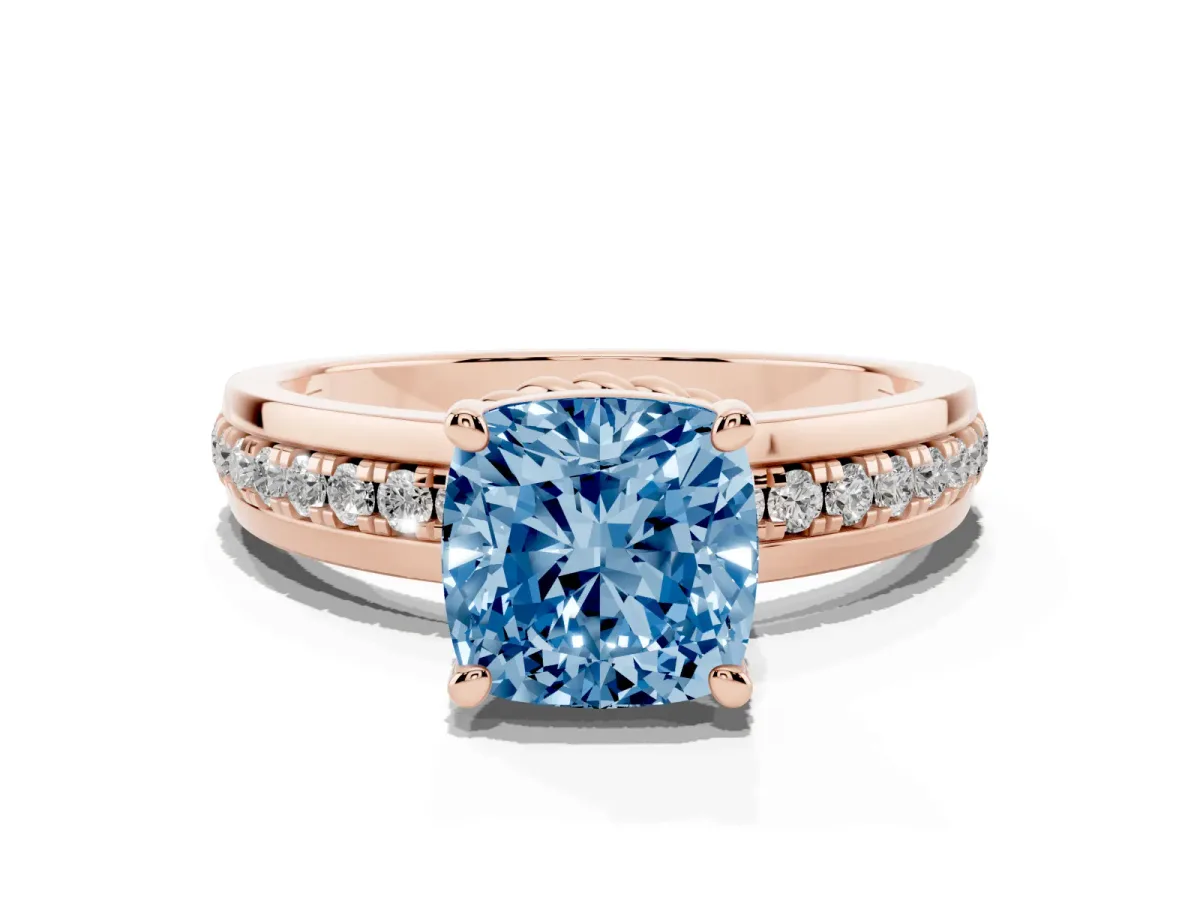 Fancy Blue Cushion Cut Solitaire Diamond Ring with Channel Set Band and Six-Prong Setting Rose gold