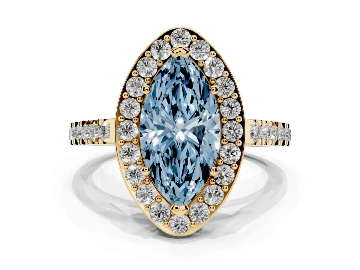 Fancy Blue Marquise Cut Diamond Halo Ring with Round Pavé Split Shank and Prong Setting Yellow gold