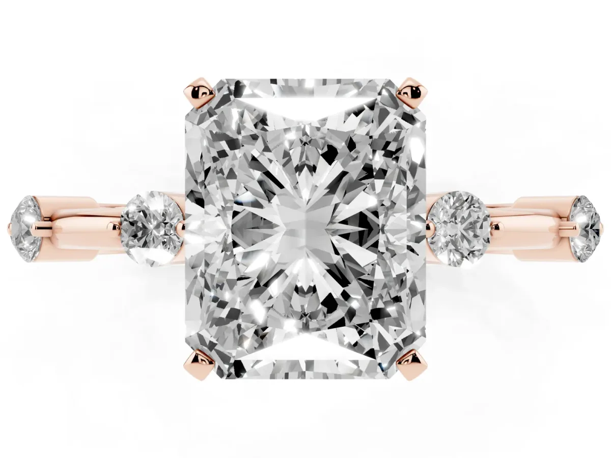 Radiant Cut Solitaire Diamond Ring with Bezel Set Side Stones and Prong Setting Rose gold