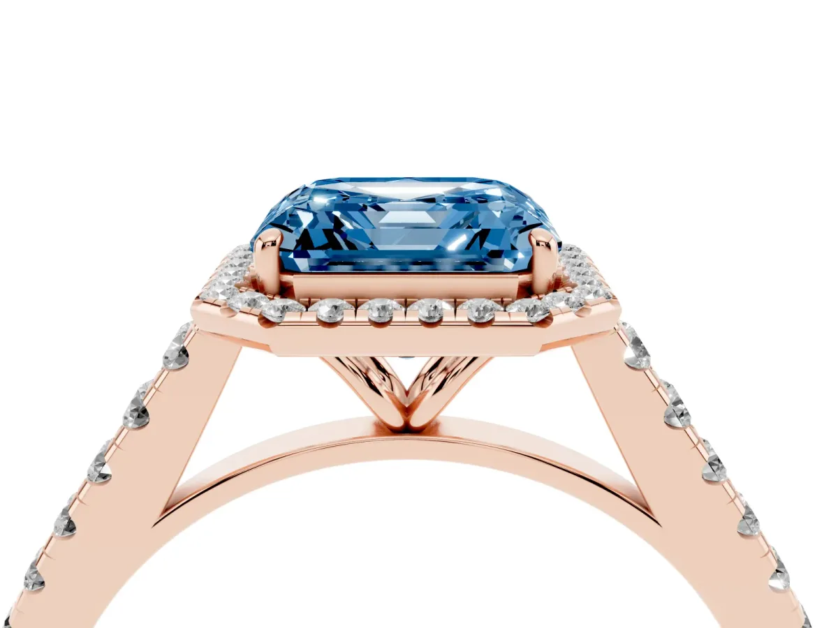 Fancy Blue Asscher Cut Halo Pave Diamond Engagement Ring with Four-Prong Setting Rose gold