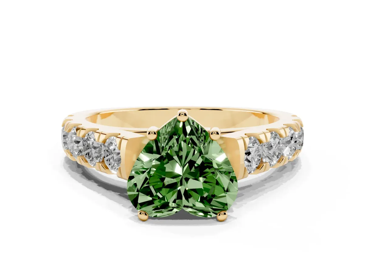 Fancy Green Heart Cut Cut Diamond Solitaire Ring with Micro Pave Band and Prong Setting Yellow gold