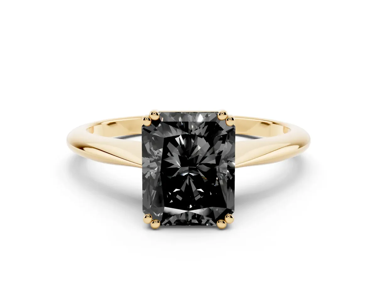 Fancy Black Radiant Cut Solitaire Diamond Ring with Six-Prong Setting and Classic Band Yellow gold