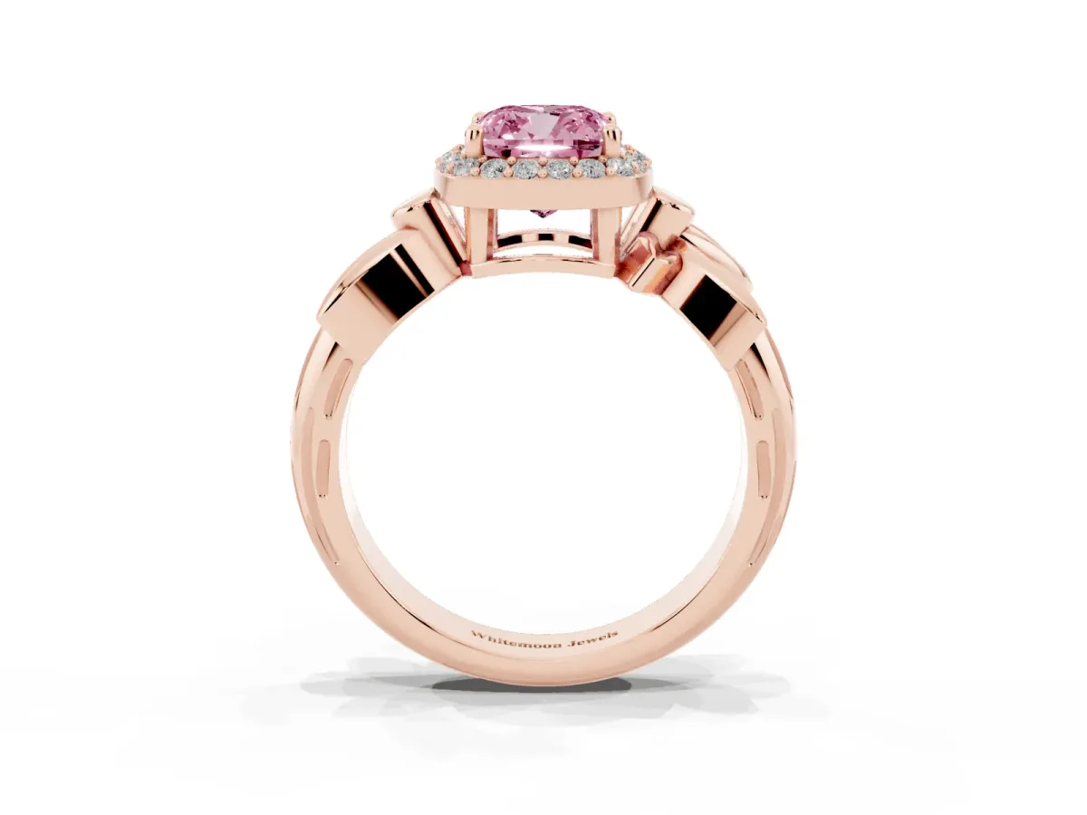 Fancy Pink Cushion Cut Halo Diamond Floral Band with Four-Prong Setting Rose gold