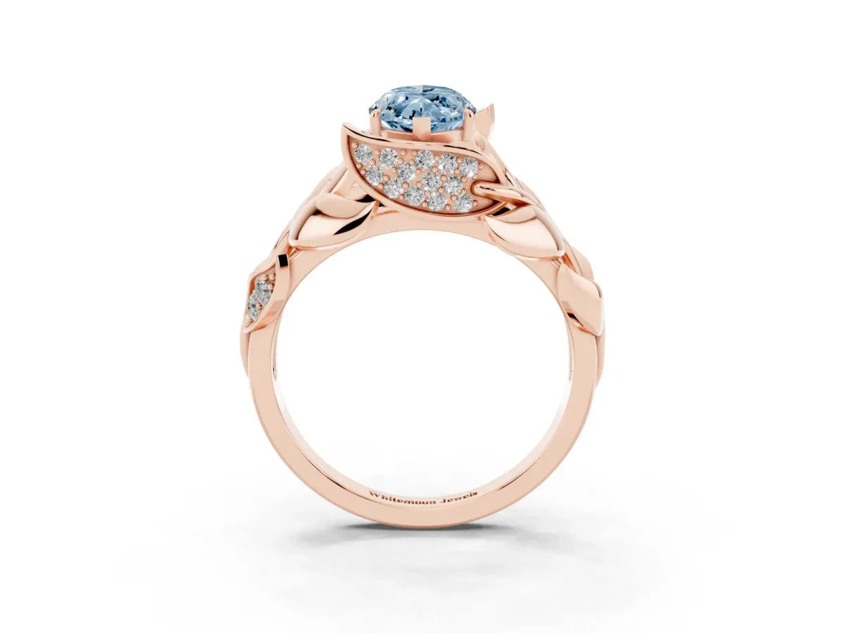 Fancy Blue Marquise Cut Diamond Leaf-Inspired Engagement Ring with Round Accents and Prong Setting Rose gold
