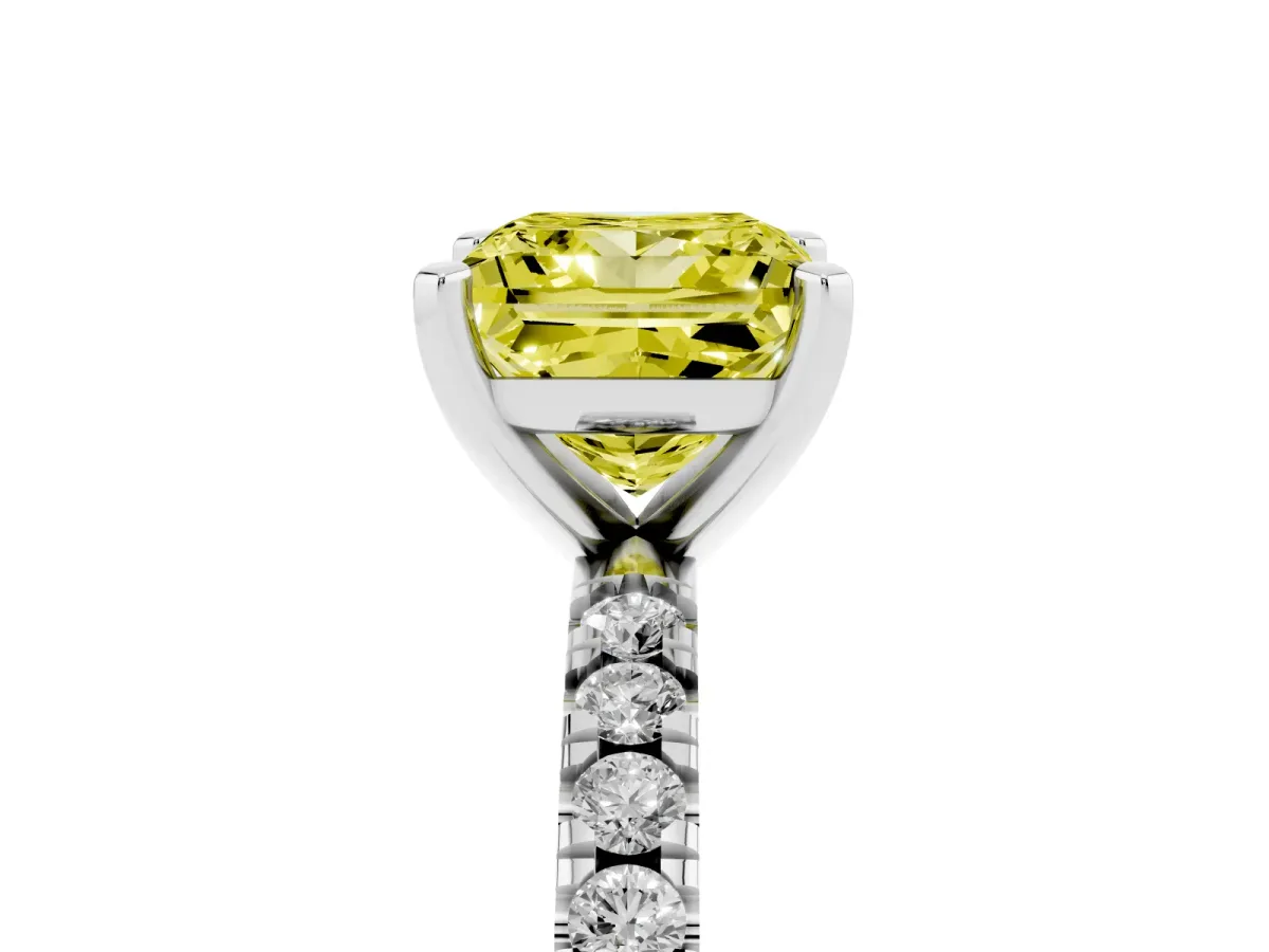 Fancy Yellow Princess Cut Diamond Pavé Band Solitaire with Four-Prong Setting Silver