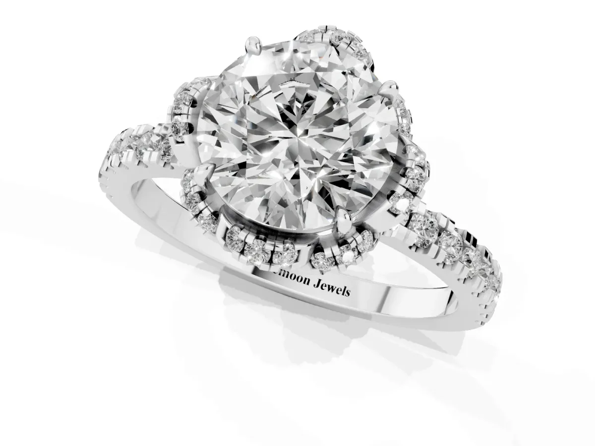 Round Cut Halo Diamond Pave Band Ring with Four-Prong Setting Silver
