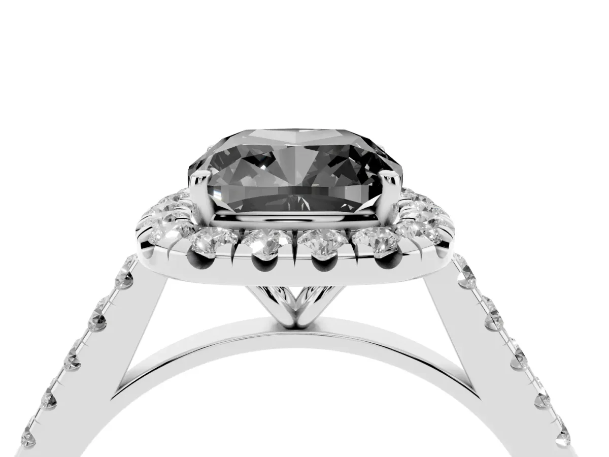 Fancy Black Cushion Cut Halo Pave Diamond Engagement Ring with Four-Prong Setting Silver