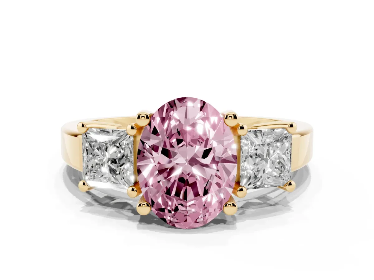 Fancy Pink Three-Stone Oval Cut Cut Solitaire Ring with Prong Setting Yellow gold