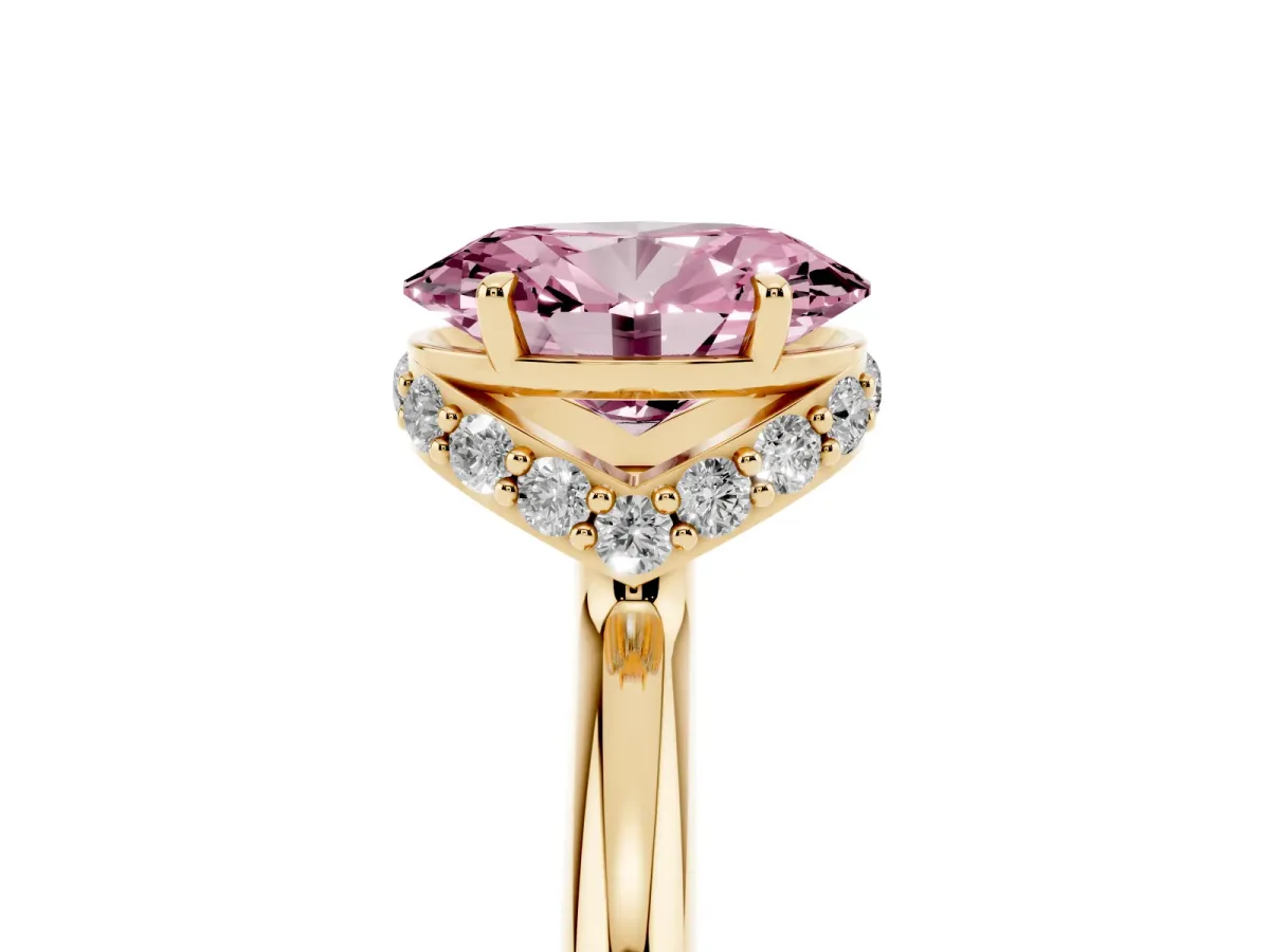Fancy Pink Oval Cut Brilliant Solitaire Engagement Ring with Six-Prong Setting and Classic Band Yellow gold