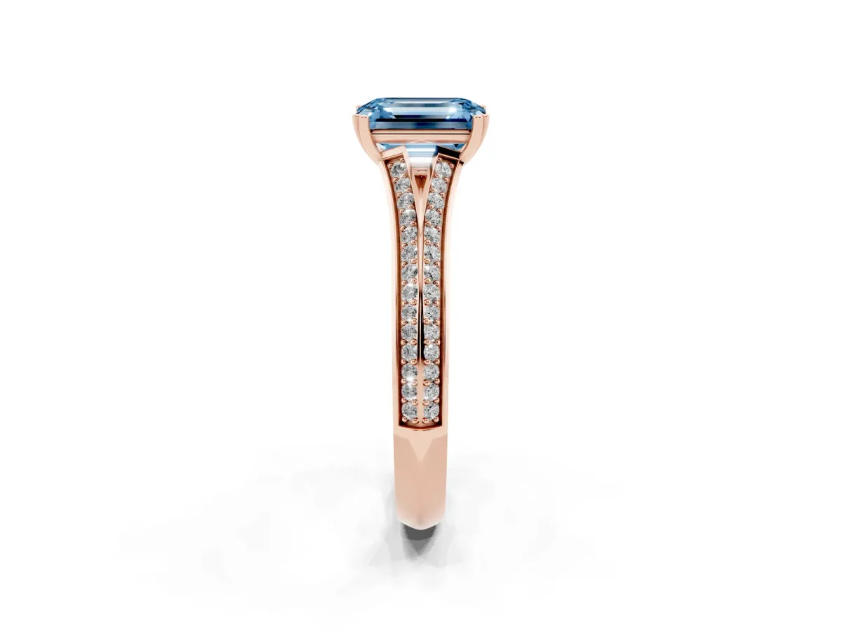 Fancy Blue Emerald Cut Diamond Split Shank Engagement Ring with Pavé Band Rose gold