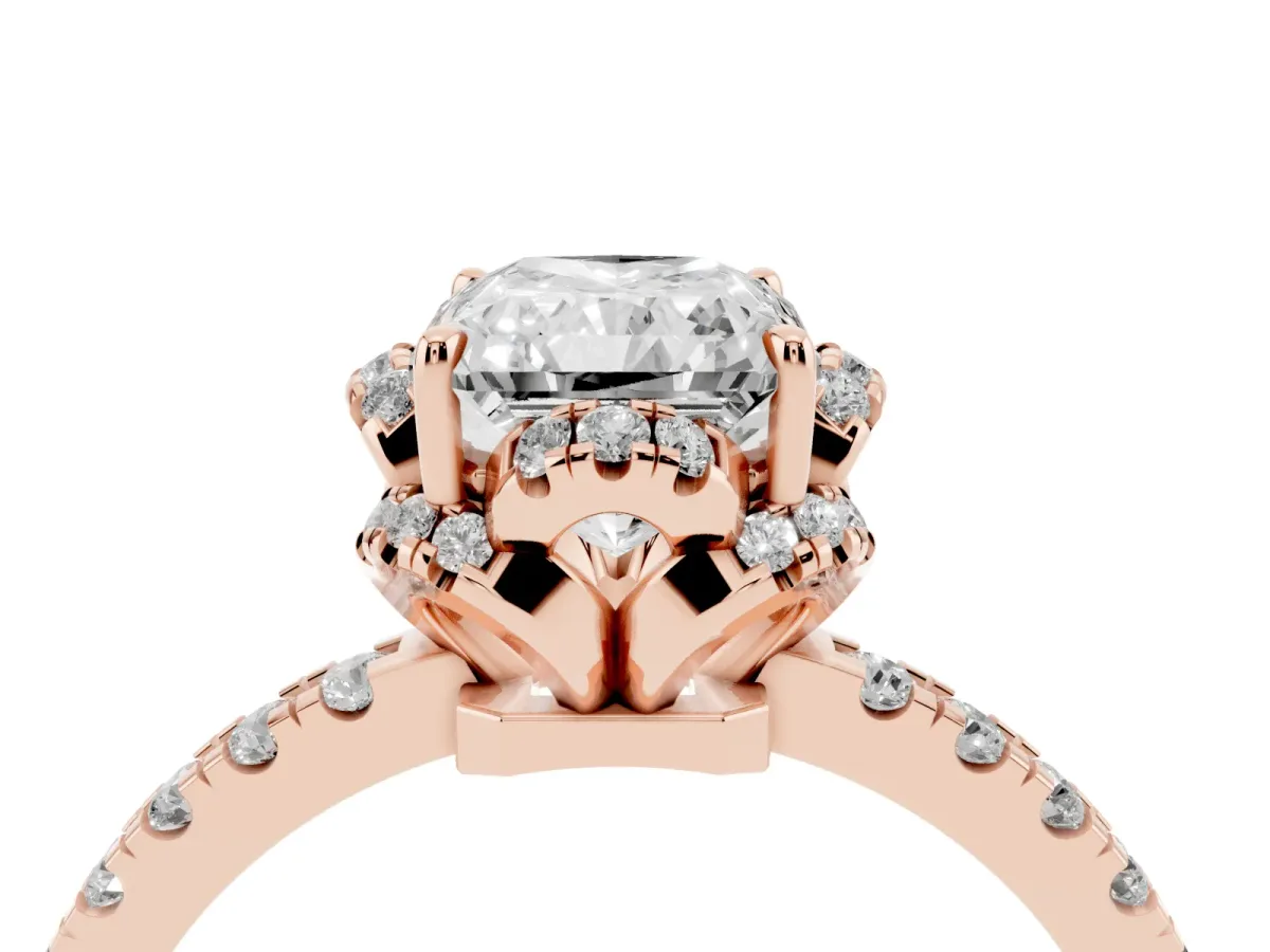 Radiant Cut Halo Diamond Pave Band Ring with Four-Prong Setting Rose gold