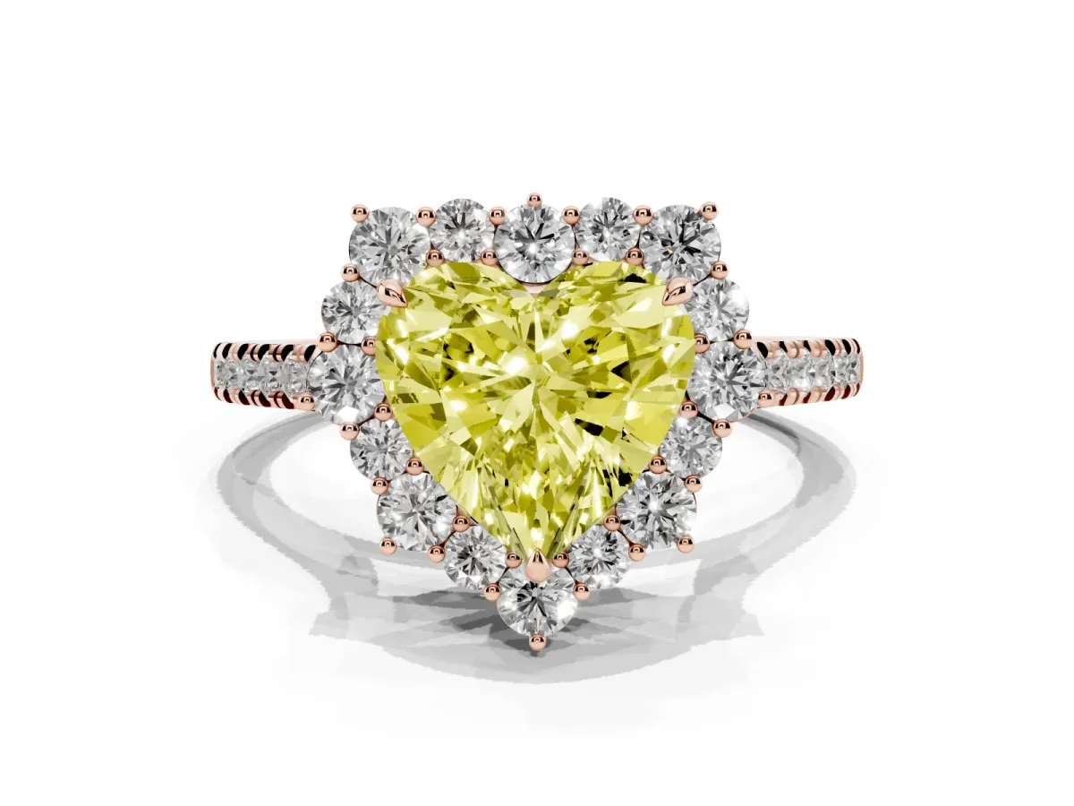 Fancy Yellow Heart Cut Halo Diamond Ring with Pavé Band and Prong Setting Rose gold