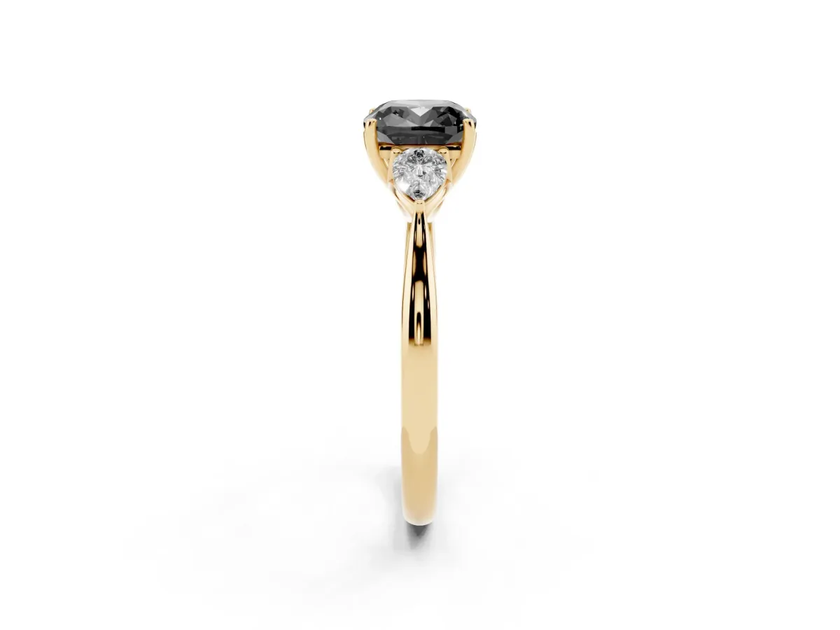 Fancy Black Three-Stone Cushion Cut Brilliant Diamond Solitaire Ring with Tapered Band and Four-Prong Setting Yellow gold