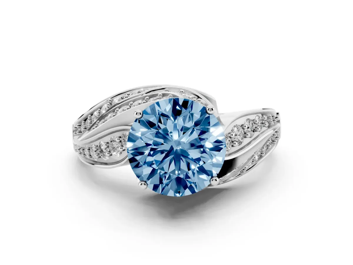 Fancy Blue Round Cut Diamond Solitaire Ring with Prong Setting and Twisted Pavé Band Silver
