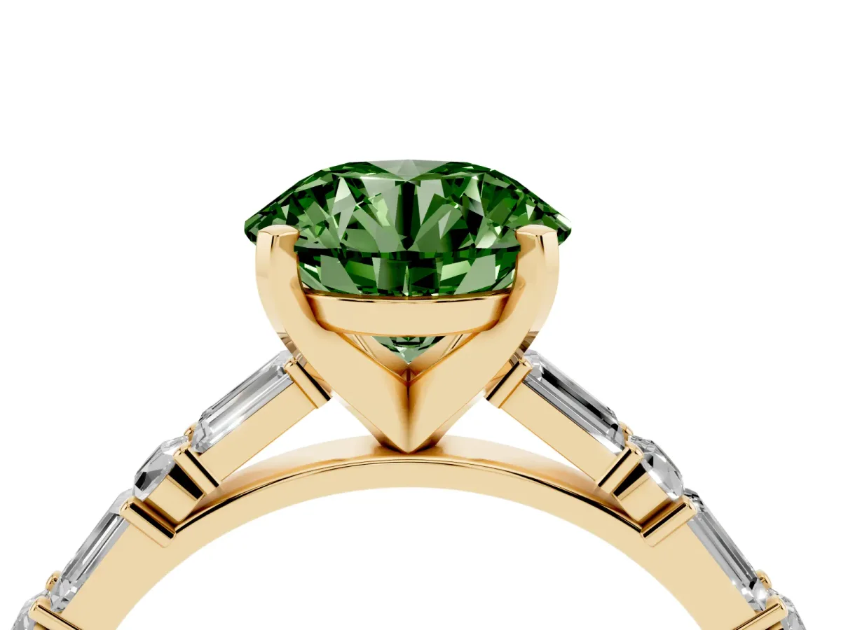 Fancy Green Round Cut Diamond Solitaire with Side Baguettes and Channel Set Band Yellow gold