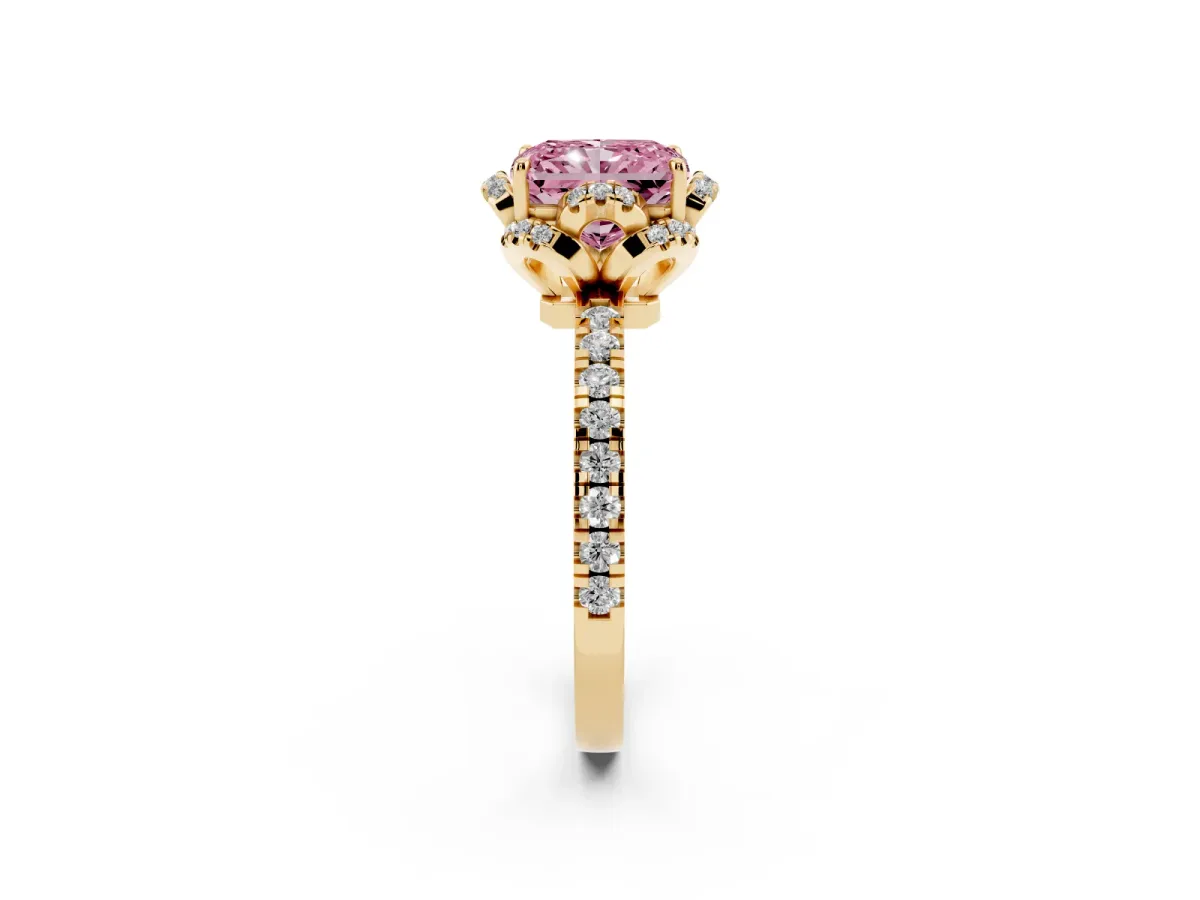 Fancy Pink Radiant Cut Halo Diamond Pave Band Ring with Four-Prong Setting Yellow gold