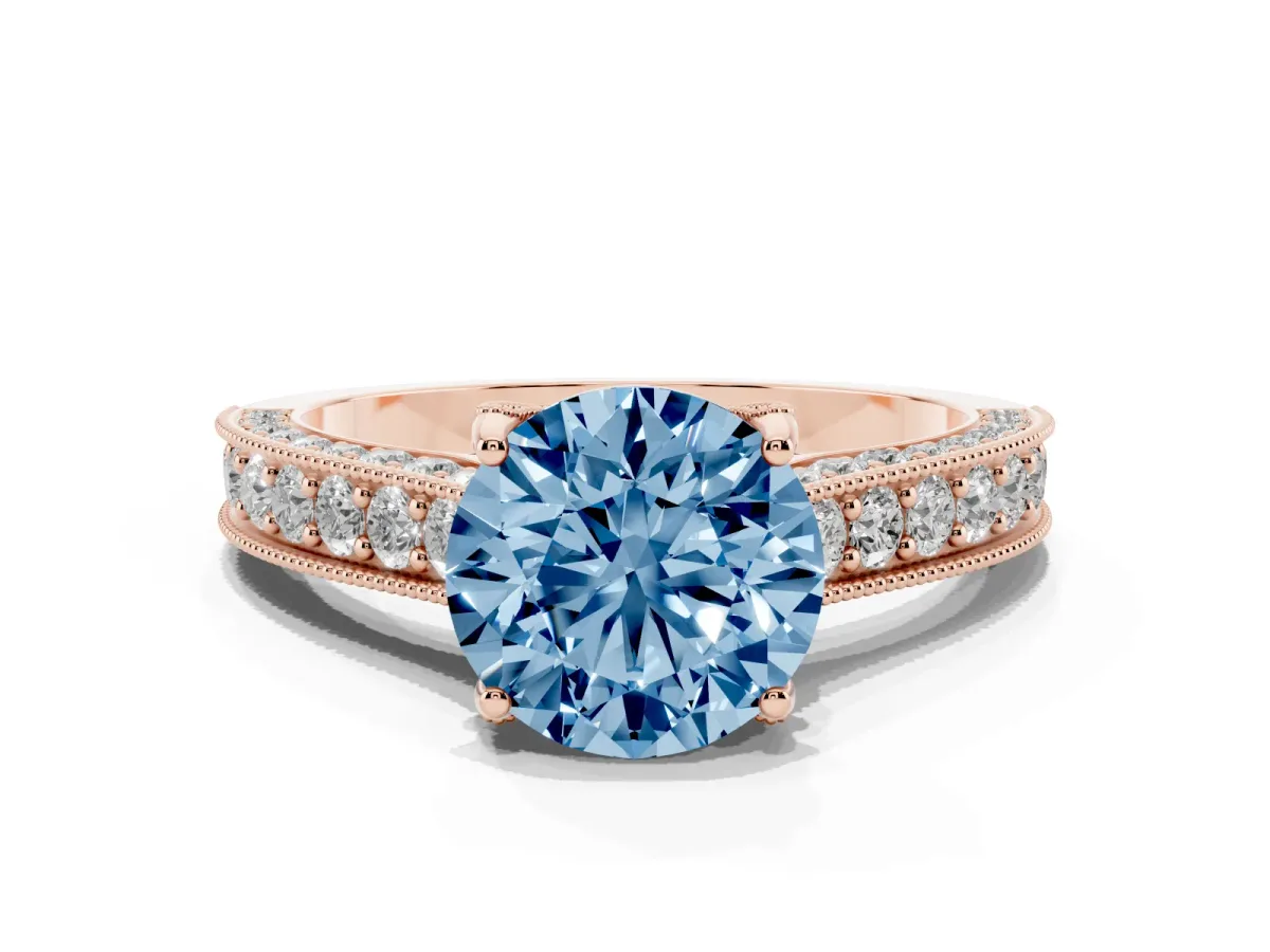 Fancy Blue Round Cut Cut Diamond Solitaire Ring with Milgrain Pave Band and Four Prong Setting Rose gold