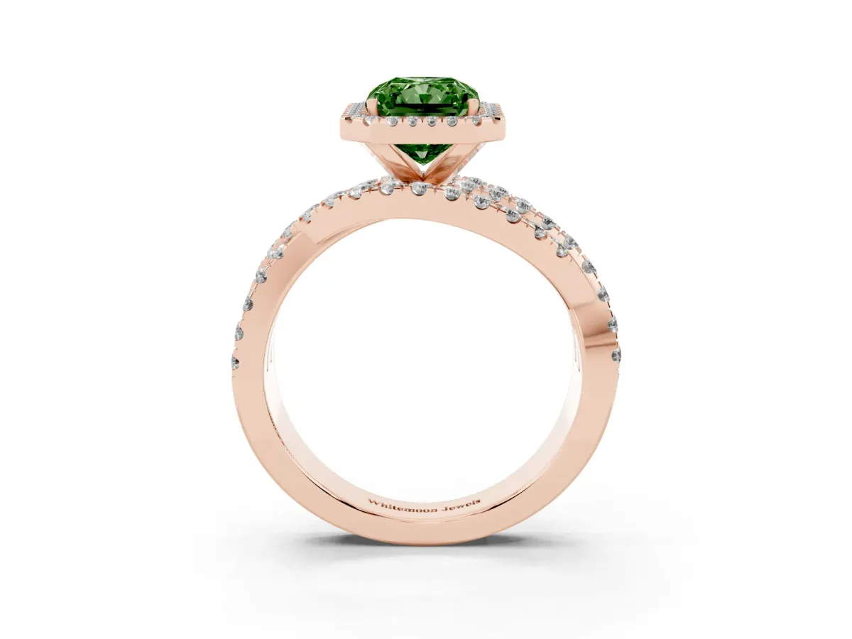 Fancy Green Radiant Cut Diamond Halo Ring with Round Split Shank and Prong Setting Rose gold