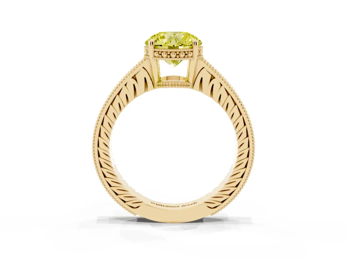 Fancy Yellow Round Cut Solitaire Pavé Diamond Milgrain Engagement Ring with Four-Prong Setting Yellow gold