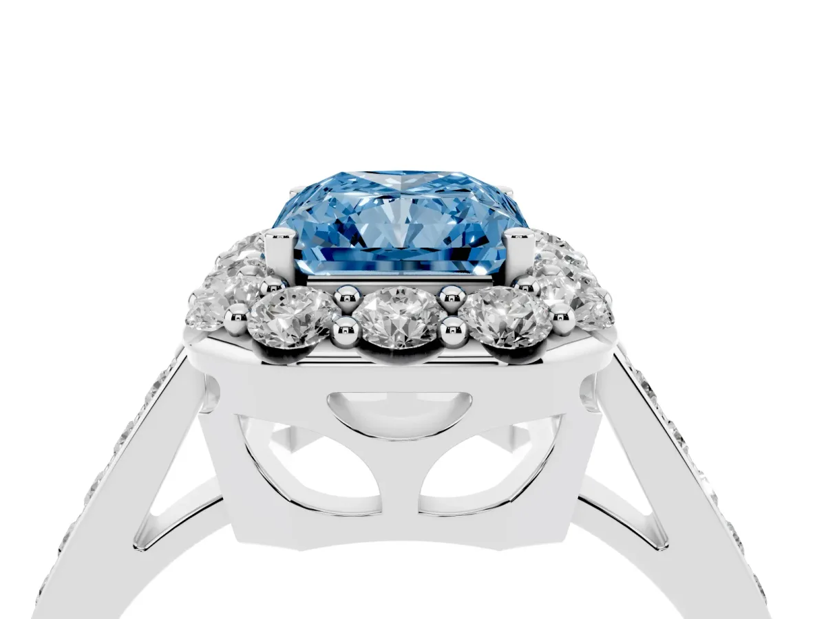 Fancy Blue Radiant Cut Diamond Floral Halo Ring with Pavé Band and Prong Setting White gold