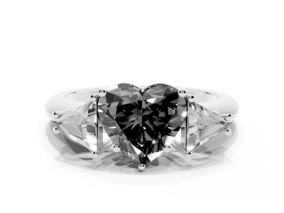 Fancy Black Three-Stone Heart Cut Diamond Engagement Ring with Trillion Side Stones and Prong Setting Silver