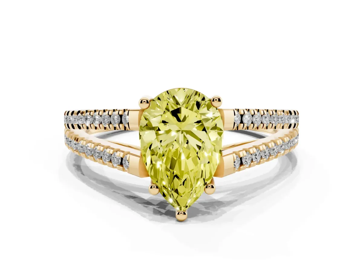 Fancy Yellow Pear Cut Diamond Solitaire Engagement Ring with Split Shank Pavé Band Yellow gold